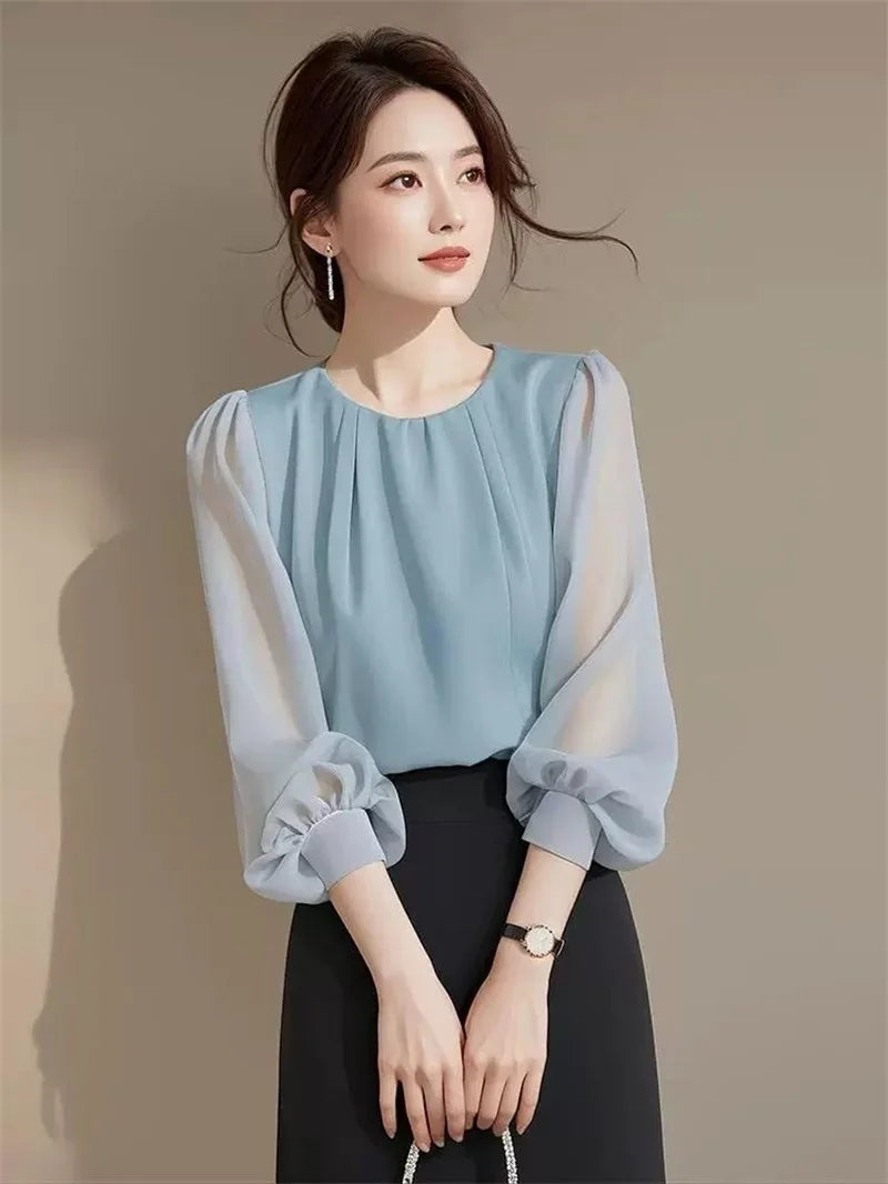 Autumn Winter Ladies Solid Color Blouse Jacket 2025 Female Long Sleeves Tops Coat Korean Women Fashion Round Neck Chiffon Shirt