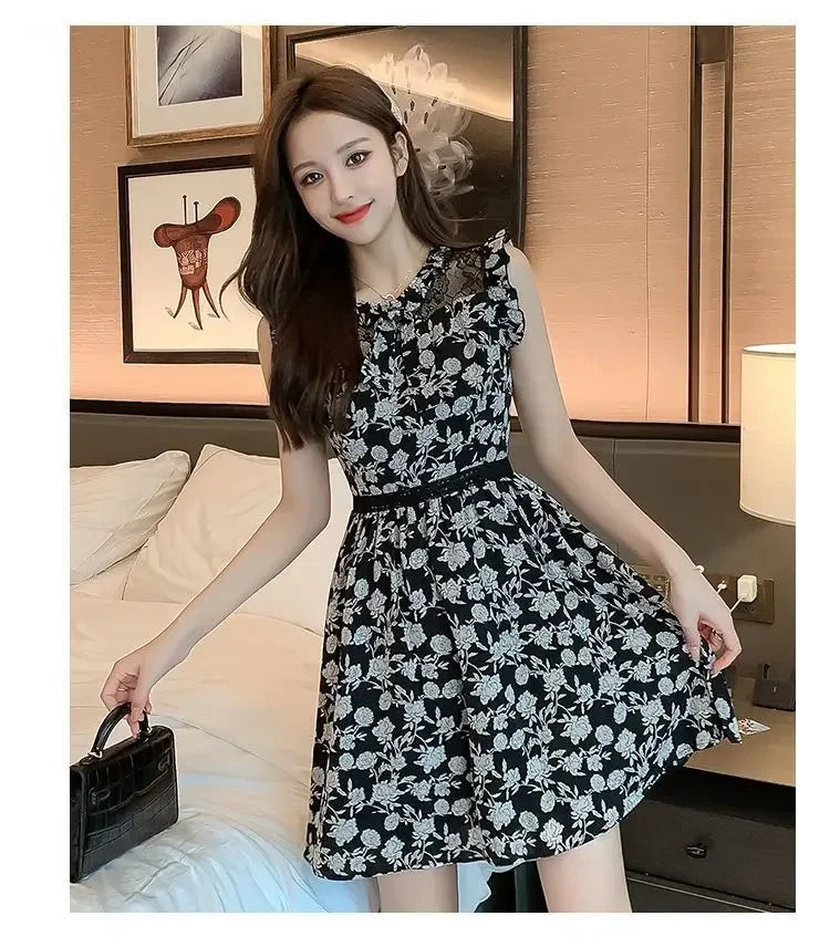 Neck Gauze Mesh Slim Sleeveless Floral Dress Women's New Style Spliced round