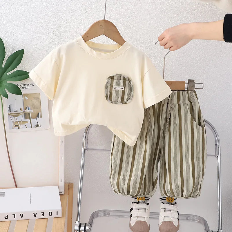 Summer Kid's Clothing Sets Boys' Short Sleeve Outfit Vertical Stripes T-shirt Pants 2Pcs Trendy Children's Costume Stylish