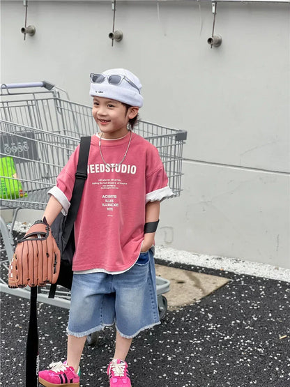Pure Cotton Children's Short Sleeved Simple Trendy Letters Faded and Worn Half Sleeved T-shirts Boys Girls Stylish