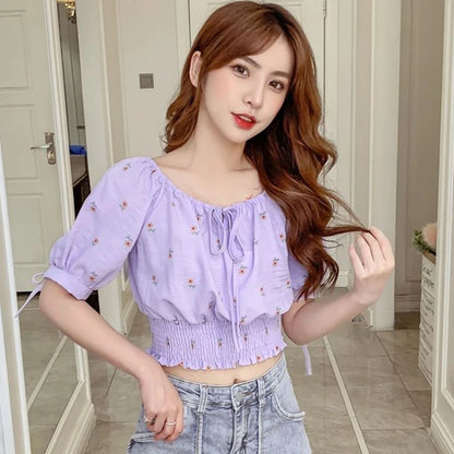 Sweet Broken Flower Women Short Shirts Elegant O-Neck Bow Tie Blouses Korean Fashion Elastic Waist Puff Sleeve Blouses 2025 New