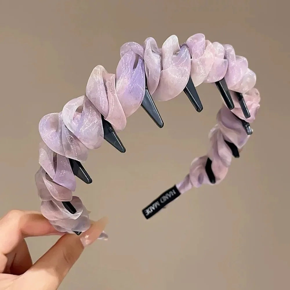 Fashion Lace Mesh Hairband Pleated U Shape Hair Comb Toothed High Cranium Hair Hoop for Women Girls