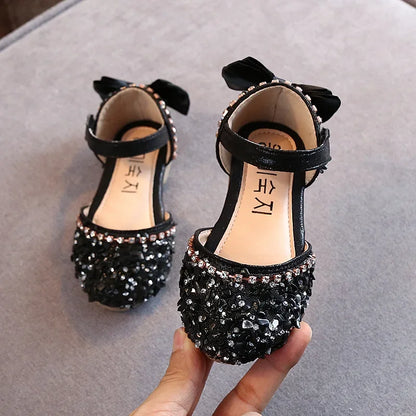2023 Crystal Bow Single Shoes Summer Girls Fashion Princess Soft Shoes Children Pu Leather Flat Baby Rhinestone Sandals A986