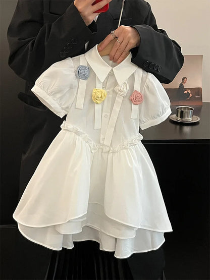 Girls’ Floral Summer Party Dress – White Puff Sleeve Dress with Floral Print Lightweight Cotton Blend for Ages 2–7 Girls Clothes