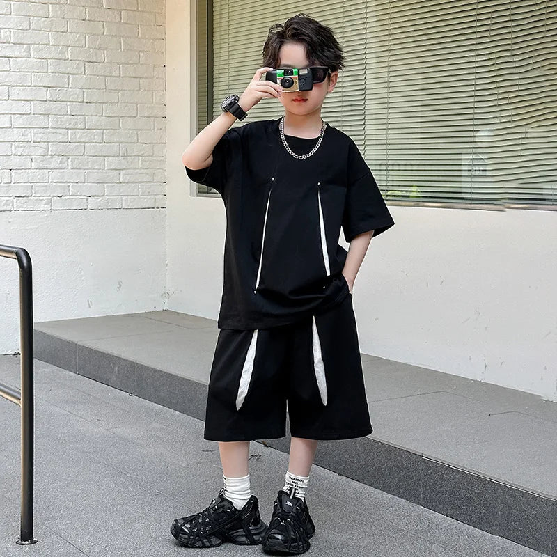 American Kids Design Double Cotton Gauze Clothing Set For Teenage Boy Casual Summer Top and Bottom Clothes Set Child Tracksuit