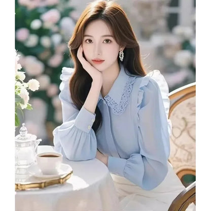 Blue Long Sve irt Women's Faionable Beautiful Top Small Flng Sve Design Spring Sli Good Looking Ele Garment