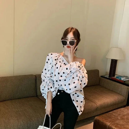 JOEVILU Polka Dot Shirt Off Shoulder Bubble Sleeve Tops Women's White Loose Simple Top French Casual Blouse In Spring and Summer