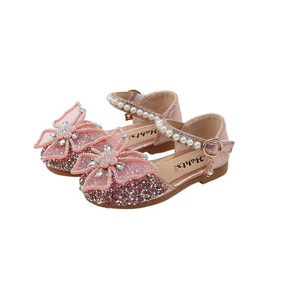 Large Crystal Bow Tie Kids Shoes for Girl Princess Beading Mary Jane Shoes Bling Prom Children  Girls Designer Shoes