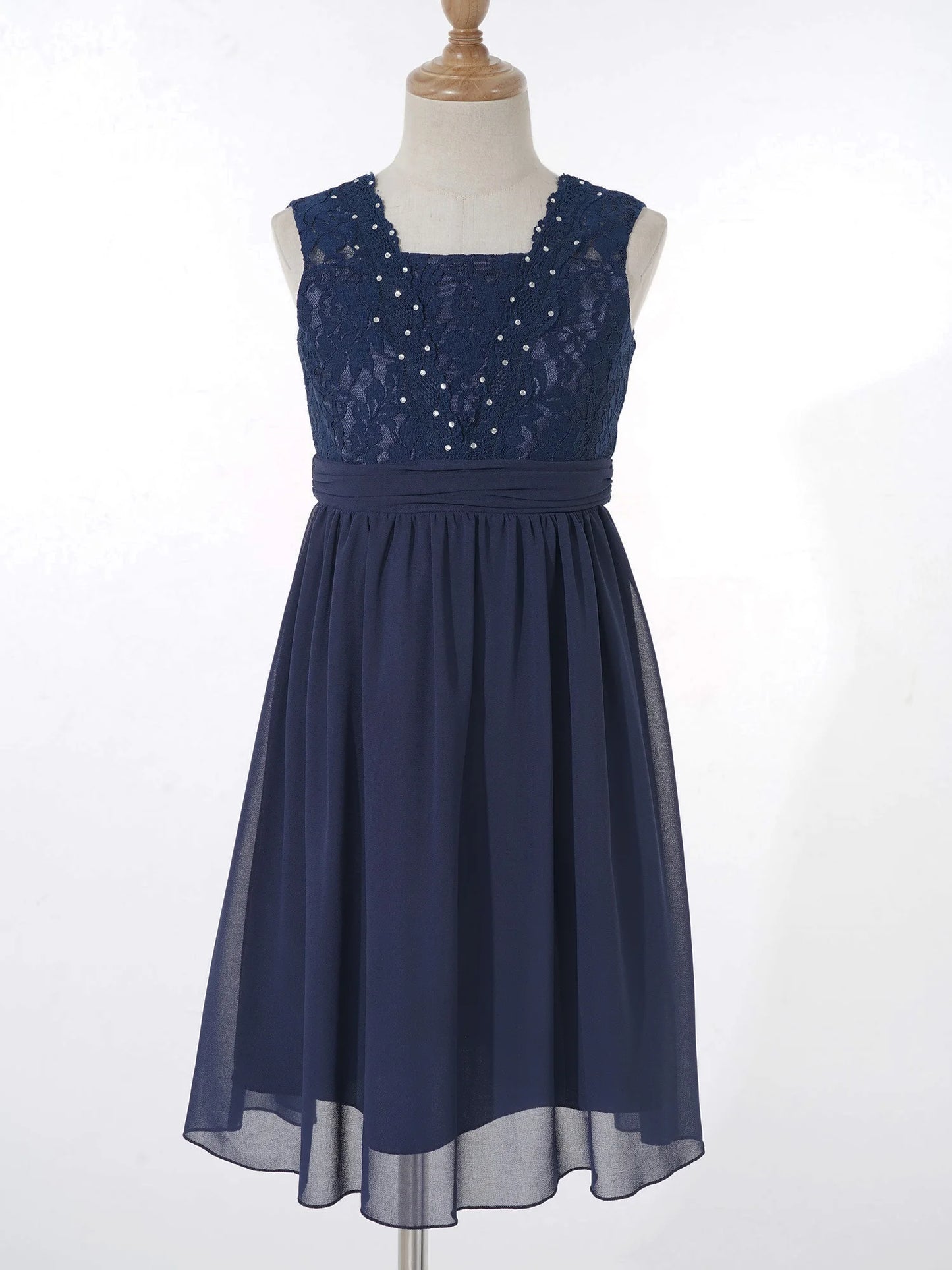 Girls Sheer Floral Lace Chiffon Party Dress Bridesmaid Clothing Sleeveless Backless Pleated Princess Dress for Wedding Birthday