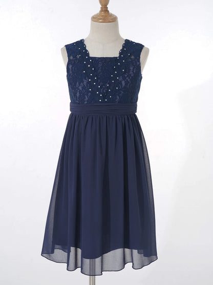 Girls Sheer Floral Lace Chiffon Party Dress Bridesmaid Clothing Sleeveless Backless Pleated Princess Dress for Wedding Birthday