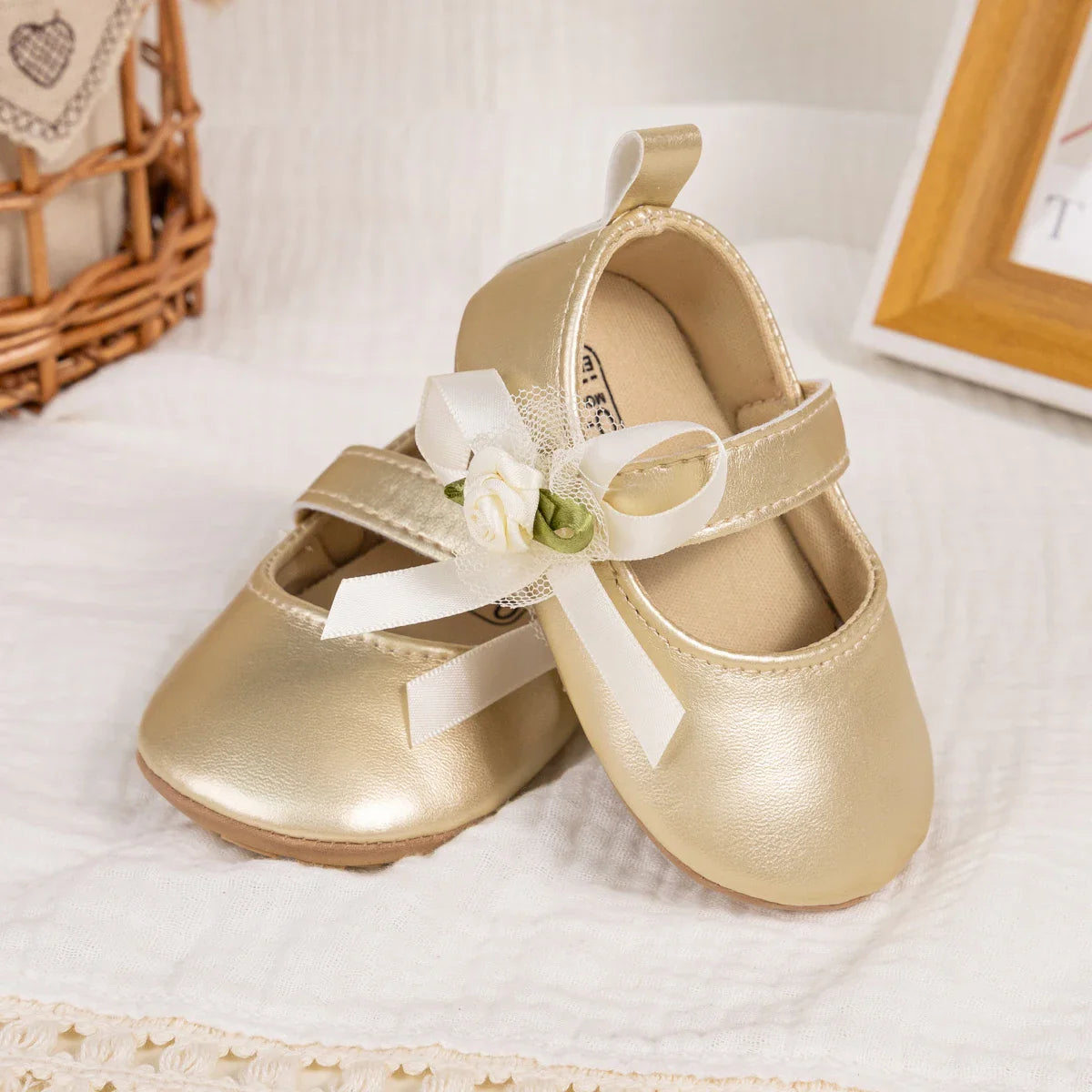 Gold Tie Cute Bow Flower Baby Princess Shoes Wedding Birthday Party Non-Slip Soft Sole Baby Toddler Shoes