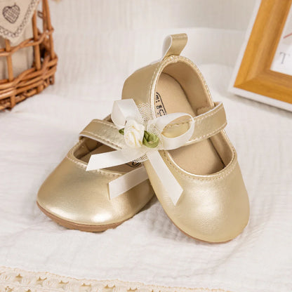 Gold Tie Cute Bow Flower Baby Princess Shoes Wedding Birthday Party Non-Slip Soft Sole Baby Toddler Shoes