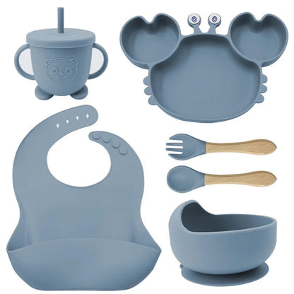 Baby Feeding Set 9PCS Silicone Crab Bowl Plate Spoon Fork Toddler Tableware Kids Dish Infant Utensils