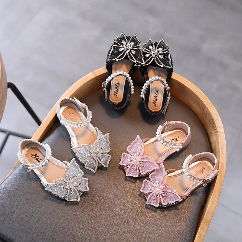 Summer Girls Sandals Fashion Sequins Rhinestone Bow Girls Princess Shoes Baby Girl Shoes Flat Heel Sandals Size 21-35 (Available)