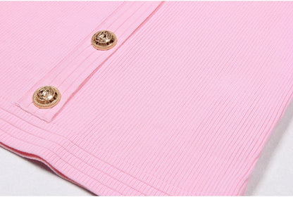 2025 Spring/Summer New Fashion Knitted Elastic Short Sleeve Solid Color Gold Button Slimming Style Commuter Women's Dress