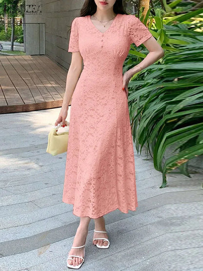 ZANZEA Women Summer Lace Patchwork Dresses 2026 Elegant Party Dress Stylish V Neck Short Sleeve Office Sundress A Line Midi Robe