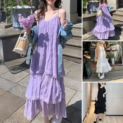 Women Dress Elegant V-neck Lace Maxi Dress for Women Solid Color Sling Dress with Multi Layer Design Stylish Loose Cut Evening