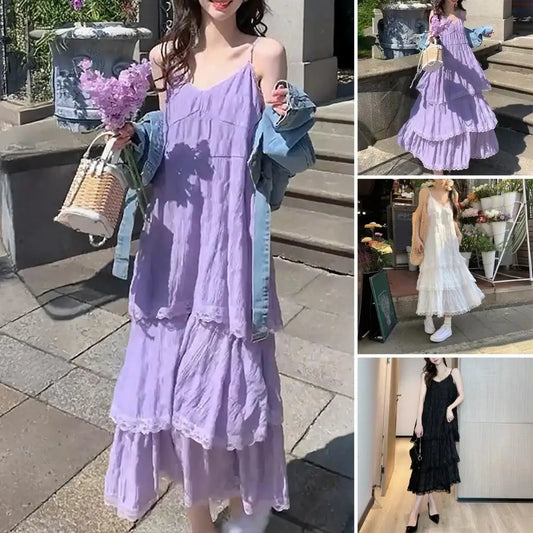 Women Dress Elegant V-neck Lace Maxi Dress for Women Solid Color Sling Dress with Multi Layer Design Stylish Loose Cut Evening