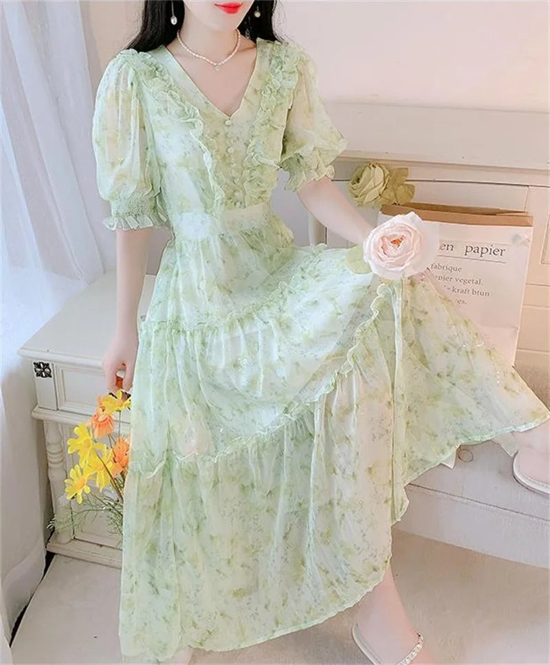 Boho Dress Women Floral Print Wrap Long Holiday Dress Ruffles Female Casual V-Neck Beach A Line Beach Dress Party Vestidos