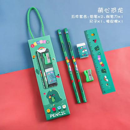 5pcs/Set Cute Cartoon Pencil Stationery Set Children Student Back To School Stationery Supplies Kawaii Kids Prize Christmas Gift