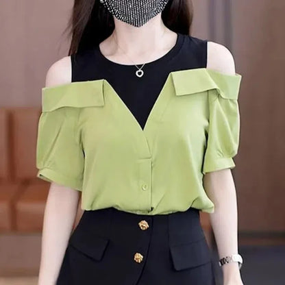 Summer Women's Casual Fashion Elegant Commuting Round Neck Pullover with Hollow Open Back Panel Loose Short sleeved Top