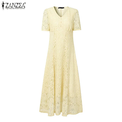 ZANZEA Women Summer Lace Patchwork Dresses 2026 Elegant Party Dress Stylish V Neck Short Sleeve Office Sundress A Line Midi Robe