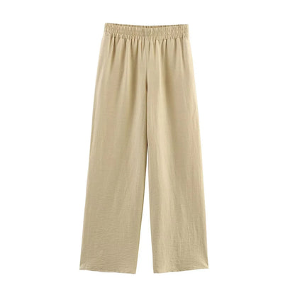 HH Women Pants Suit Solid Short Sleeve Zipper Pocket Drawstring Design Shirt Top+Elastic Waist Loose Casual Wide-leg Pants