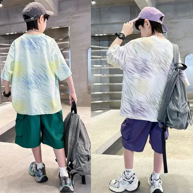 Hip Hop Children Cotton Solid Sportswear Kid Boys Clothing Set Boys Summer Suit Teen Boys Short Sleeve + Pants 2piece  loose