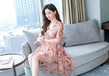 Chiffon Floral V-neck Ruffle Woman Dress Promotion Elegant and Pretty Korean Style Fashion Summer 2025 Chic Dresses for Women