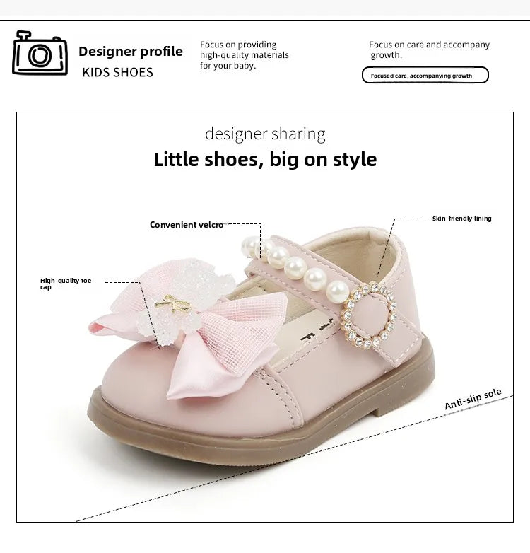 Baby Girls Walking Shoes with Big Bow Bear Children Princess Shoes Soft Sole Round Toe 2026 New Fashion Kids Flat Shoes Non-slip