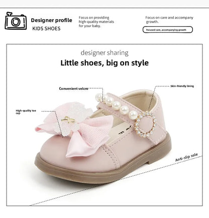 Baby Girls Walking Shoes with Big Bow Bear Children Princess Shoes Soft Sole Round Toe 2026 New Fashion Kids Flat Shoes Non-slip