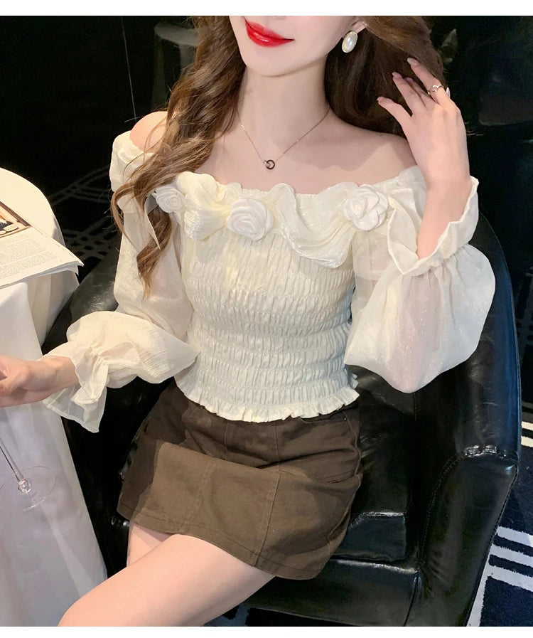 Sweet oulder One-oulder 3D Flower Bell Sve Women's irt Spring New Sle Waist Cinching Beautiful Top Ci Walk ort...
