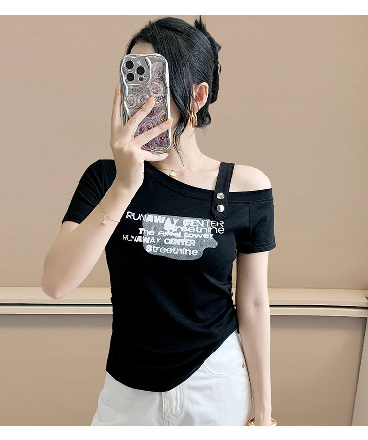 Sexy oulder Bared T irt Women's ort Sve Asymmetrical Collar Faionable Slimming Top Korean Sle Cotton Blend Summe...