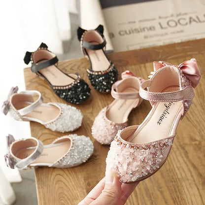 Girls' Sweet Leather Shoes with Back Knot Soft Sole Half Sandals Crystal 2025 Summer New Kids Princess Shoes for Party Wedding