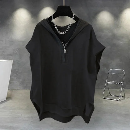 Summer Men's Zip up Sleeveless Hooded T-shirt 2024 New Korean Fashion Tank Tops Y2K Streetwear Casual Vests Hip Hop Tee Shirts(Available)