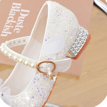 Glitter Girls' Dress Shoe with Wedding Ceremony Party White Sequin Shoes Heeled Children Bow High Heels Girls Shoes Princess New