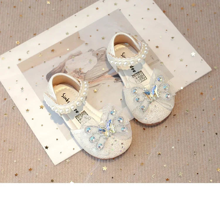 Baby Girls Leather Shoes  Spring Summer Children Casual Half Sandals Sequins with Crystal Butterfly Fashion Princess Sweet