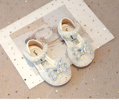 Baby Girls Leather Shoes  Spring Summer Children Casual Half Sandals Sequins with Crystal Butterfly Fashion Princess Sweet