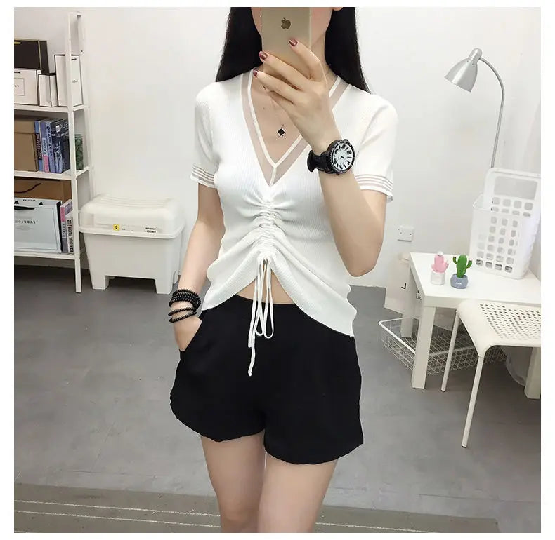 Ice Silk Short Sleeve T-shirt for Women in Summer New Thin V Neck Drawstring Solid Color Casual Tops Fashion Office Clothing