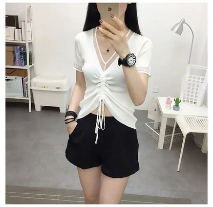 Ice Silk Short Sleeve T-shirt for Women in Summer New Thin V Neck Drawstring Solid Color Casual Tops Fashion Office Clothing