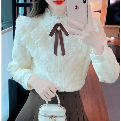 Women's Fce Lined Lace Blouse Thiened Autumn Winter Faion Inner Wear  Knot irt Stand Collar Regular Fit