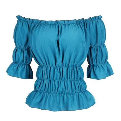 Women Renaissance Peasant Blouse Peplum Top Ruffle Sleeve Off-Shoulder Shirts 3/4 Sleeve Elastic Waist