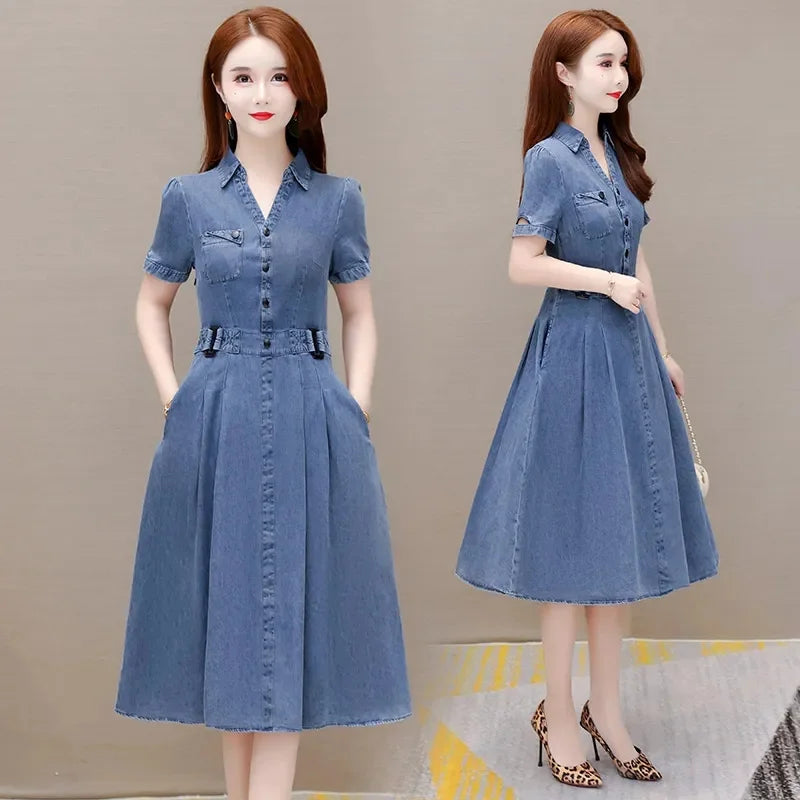 2026 Korean Summer New Denim Dress Women Temperament  Short Sleeved Fashion Slim All-match Casual Dress Female Vestidos