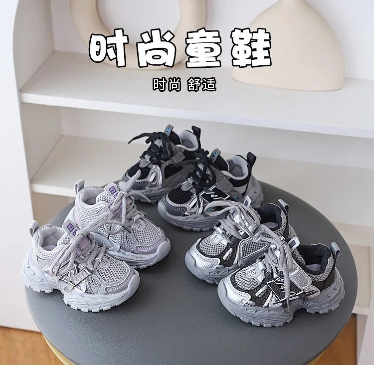 Children Sport Shoes Spring Autumn Kids Sneakers Soft Breathable Mesh Shoes Boys Girls Lace-up Running Shoes Gray, Black