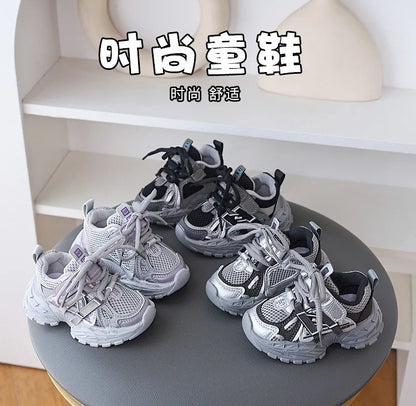 Children Sport Shoes Spring Autumn Kids Sneakers Soft Breathable Mesh Shoes Boys Girls Lace-up Running Shoes Gray, Black