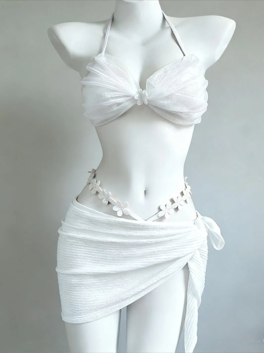 2026 New High Waist Fairy Sweet 4-Piece Women's Split Bikini Set Print Long Sleeve Swimwear Trendy Beach Vacation Fairy Swimsuit