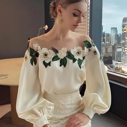 Embroidered Heavy Work Satin Patchwork irt Women's Sle Spring New Arrival Long Sve round Ne Fly Sve Lace Top