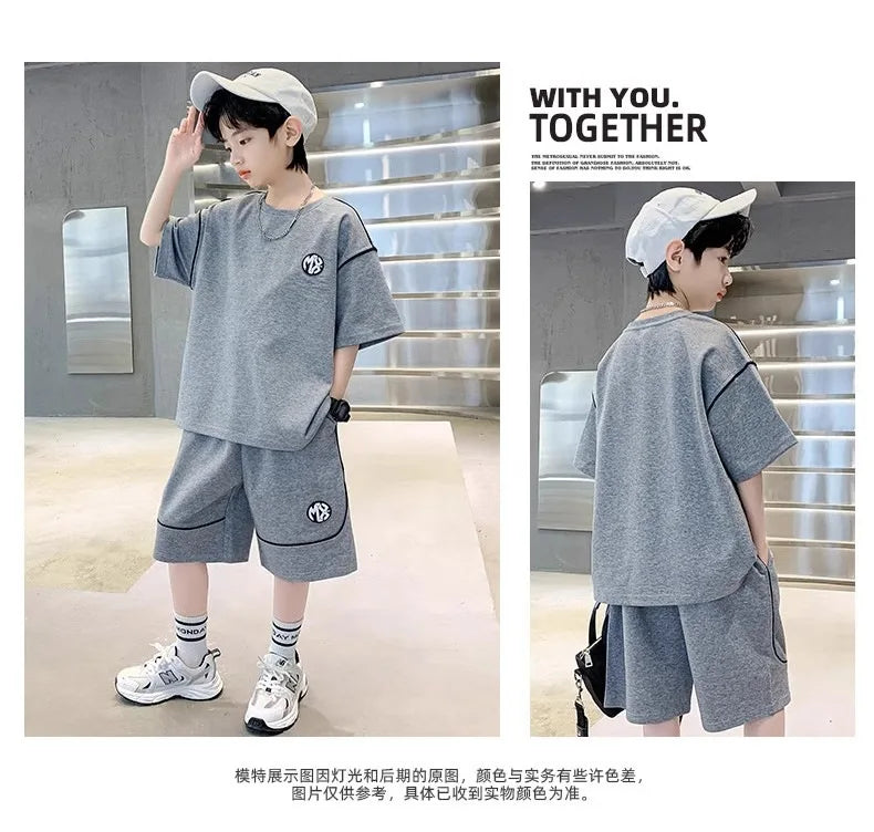 Boys Suit Child set Clothes Short-Sleeved loose black t-shirt + half pants Teenager Tracksuits Kids 8 10 12 year
