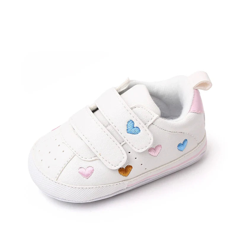 Baby White PU Sneaker Non-slip for Toddler Boys and Girls Cute Embroidery Stars and Hearts