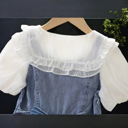 Teenagers Kids School Denim Dresses for Girls Outfits Cotton Dress Short Sleeve Summer Baby Children Costumes 5 7 9 11 13 Years